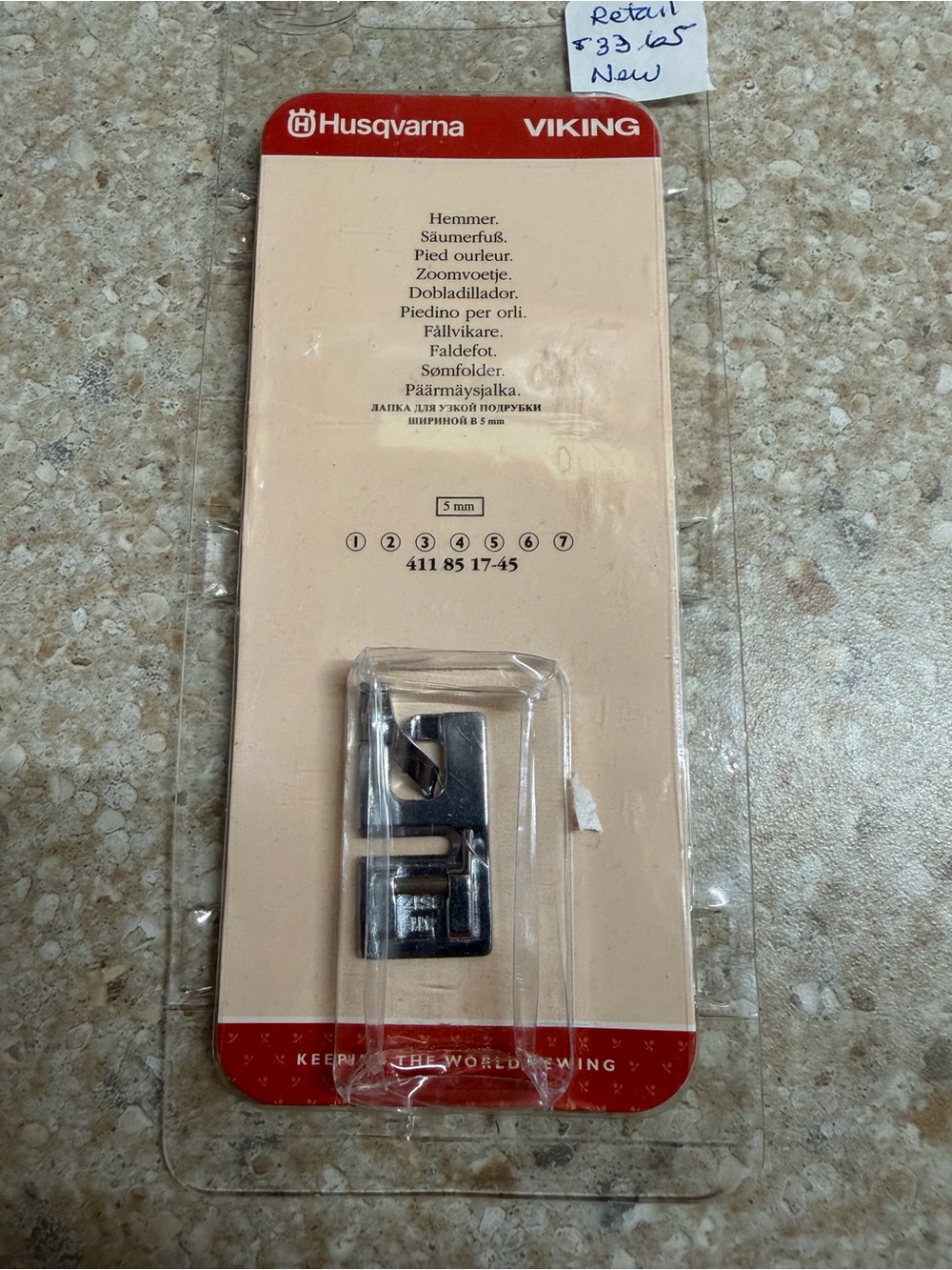 Husqvarna Viking Rolled Hem Narrow 5mm Hemmer Foot. Part#411 85 17-45